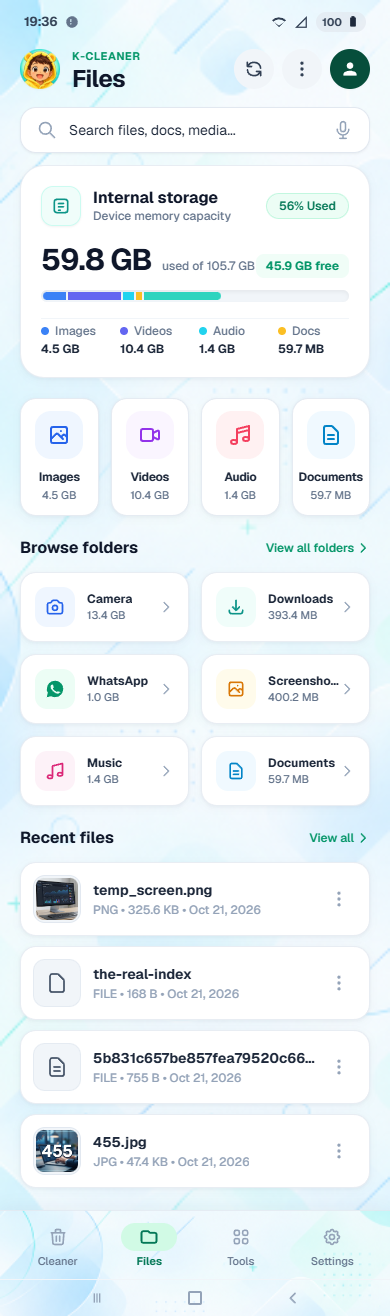 K-Cleaner file explorer showing category breakdown and duplicate finder