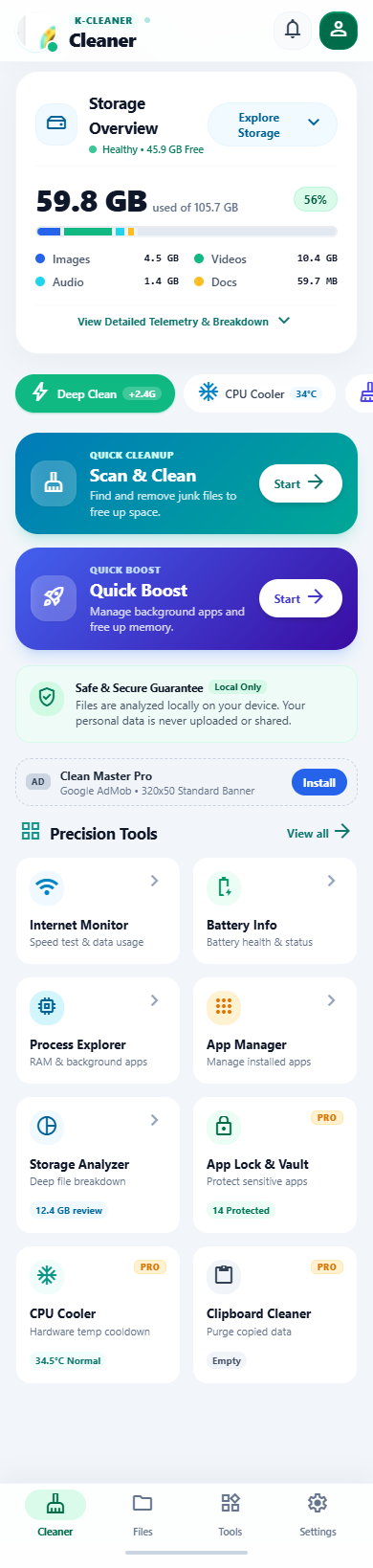 K-Cleaner storage dashboard showing storage metrics and utilities