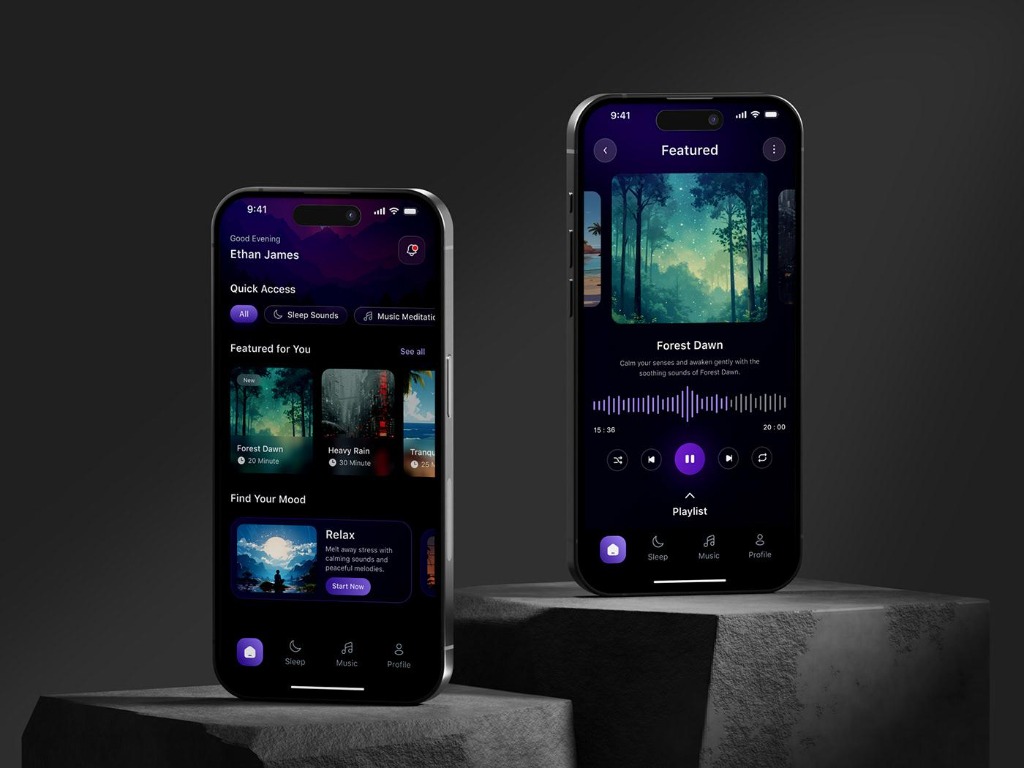 MindFlow ambient audio and focus app interface on smartphone mockup